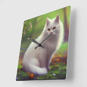Horloge Carrée Belle Chat Blanc Fluffy (Angle)