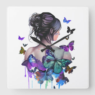 HORLOGE CARRÉE BELLE FEMME DE COULEUR D'EAU AVEC DES PAPILLONS