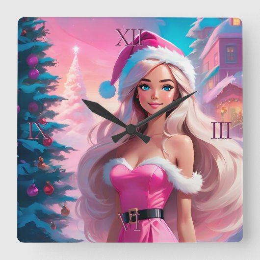 Horloge Carrée Belle fille de Noël rose 01 (Recto)