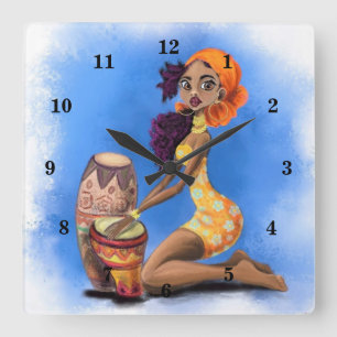 Horloge Carrée Belle fille de tambour africaine - Happy Music Par