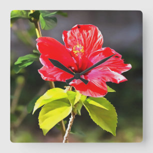 Horloge Carrée Belle Fleur d'Hibiscus Tropical Rouge Artistique