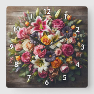 Horloge Carrée Belle image florale ronde sur des plateaux en bois