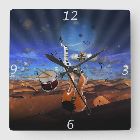 Horloge Carrée Belle musique notes violon splatter piano tambours (Recto)