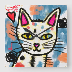 Horloge Carrée Belle peinture de chats d'art Abstrait
