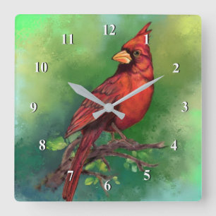Horloge Carrée Belle peinture d'oiseaux du Cardinal rouge du Nord