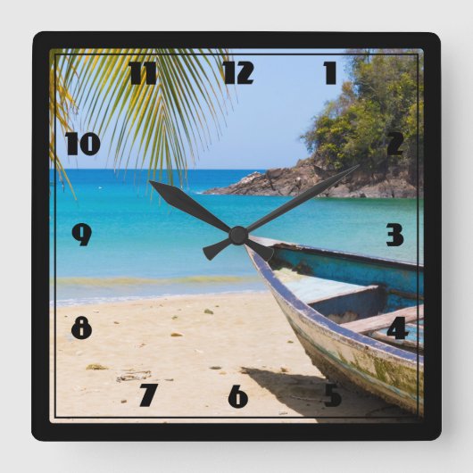 Horloge Carrée Belle plage tropicale avec bateau à rames (Recto)