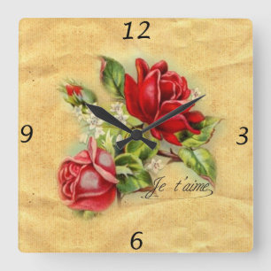 Horloge Carrée Belle romantique élégante vintage roses rouges
