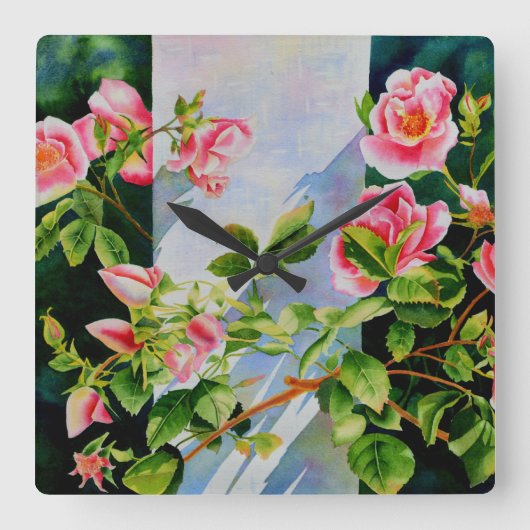 Horloge Carrée Belle rose rose rouge roses blanc aquarelle floral (Recto)