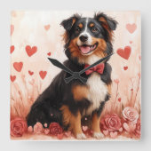 Horloge Carrée Berger australien avec Rose - Saint Valentin (Recto)