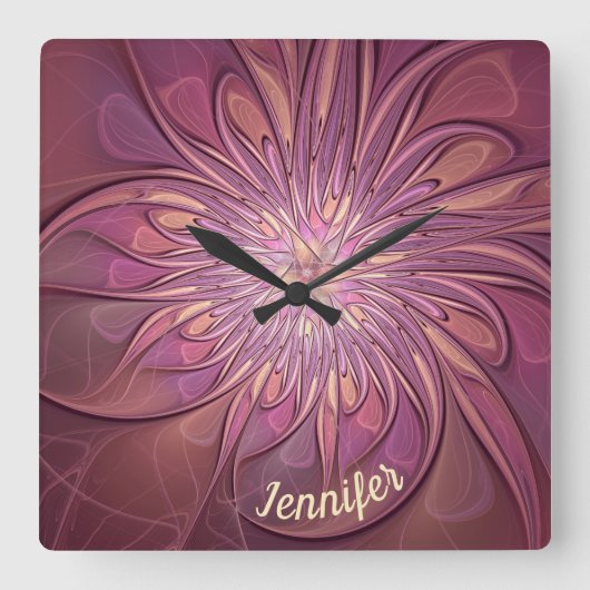Horloge Carrée Berry Abstrait floral fractal Nom (Recto)