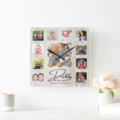 Horloge Carrée Best Daddy Ever 11 Photo Collage Rustic Wood (Maison)