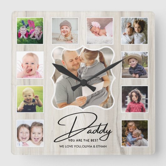 Horloge Carrée Best Daddy Ever 11 Photo Collage Rustic Wood (Recto)