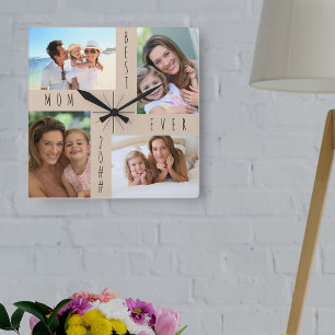 Horloge Carrée Best Maman Ever 4 Photo Collage Beige