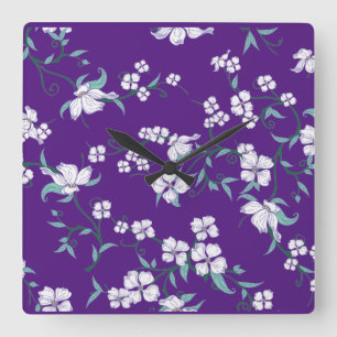 Horloge Carrée Bestseller floral violet bleu design pour mariage