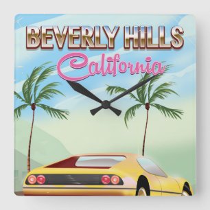 Horloge Carrée Beverly Hills Californie affiche de voyage rétro