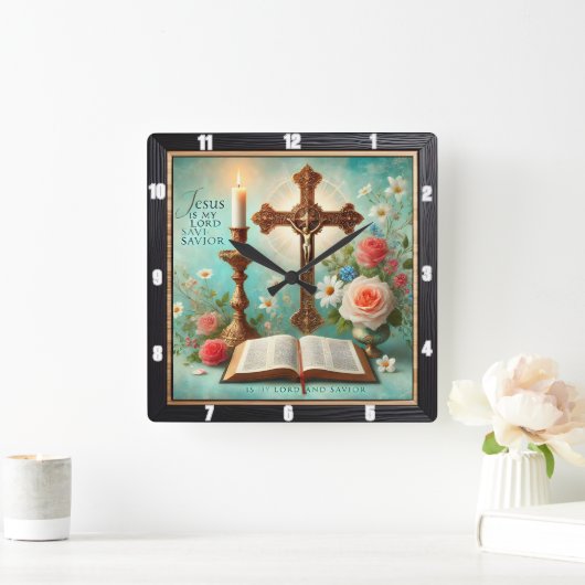 Horloge Carrée Bible florale crucifix aux chandelles (Maison)