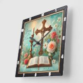 Horloge Carrée Bible florale crucifix aux chandelles (Angle)