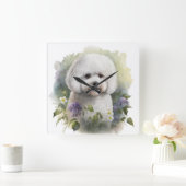 HORLOGE CARRÉE BICHON BLANC ADORABLE CHIEN FRISE AVEC FLEURS (Maison)