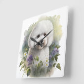 HORLOGE CARRÉE BICHON BLANC ADORABLE CHIEN FRISE AVEC FLEURS (Angle)