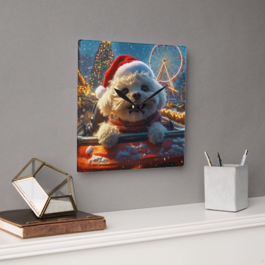 Horloge Carrée Bichon Frise Dog Roller Dessous de verre Noël (Bureau)