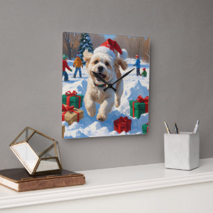 Horloge Carrée Bichon Frise Noël Festive Scène de neige