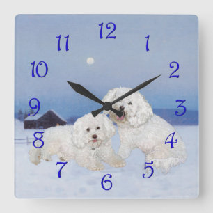 Horloge Carrée Bichon Frise Soir de Décembre