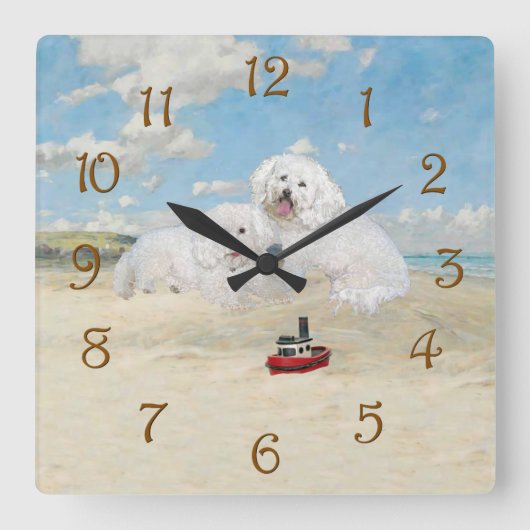 Horloge Carrée Bichons à la plage (Recto)