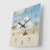 Horloge Carrée Bichons à la plage (Angle)