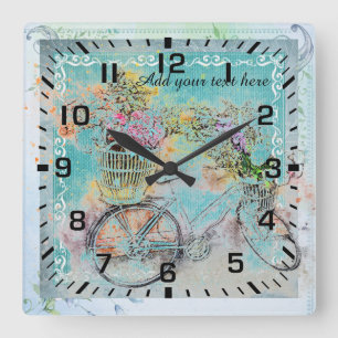 Horloge Carrée Bicyclette avec des paniers de fleur sur la toile