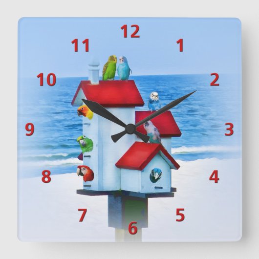 Horloge Carrée Birdhouse with parrots and parakeets (Recto)