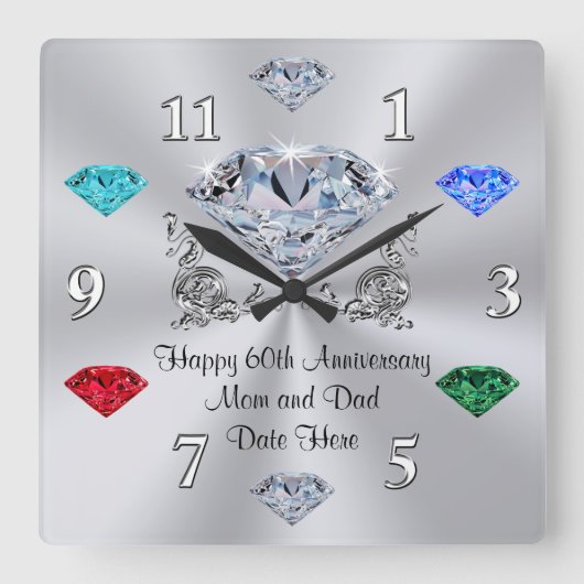 Horloge Carrée Birthstone Diamond Anniversary Clock for Parents (Recto)