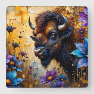 Horloge Carrée Bison américain dans un portrait de fleur texturée