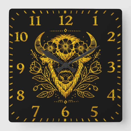 Horloge Carrée Bison avec couronne florale en conception complexe (Recto)