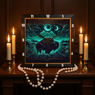 Horloge Carrée Bison Buffalo Lune Neon Bison