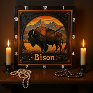 Horloge Carrée Bison Buffalo Mountain Bison Sunset