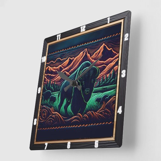 Horloge Carrée Bison Buffalo Neon Bison (Angle)
