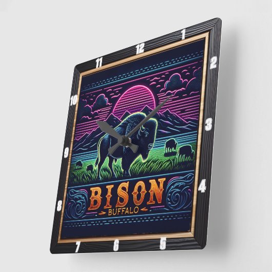 Horloge Carrée Bison Buffalo Neon Bison Sunset (Angle)