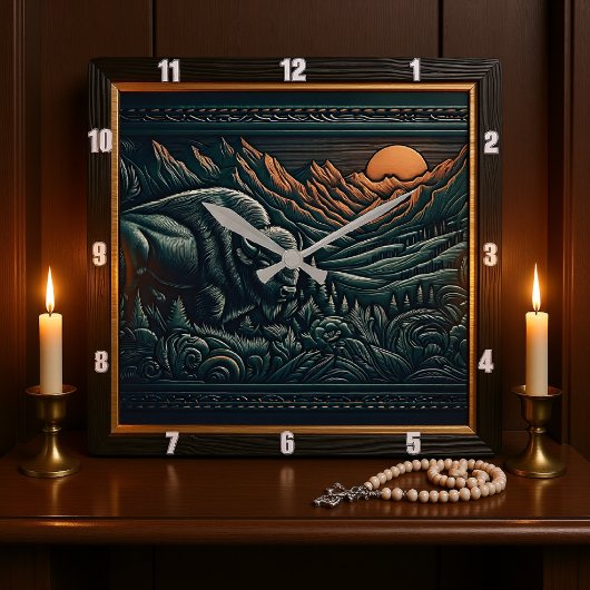 Horloge Carrée Bison Buffalo Tooled Bison Sunset