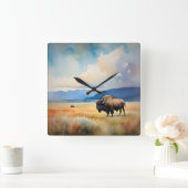 Horloge Carrée Bison dans le pré (Maison)