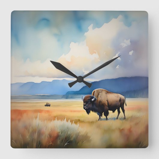 Horloge Carrée Bison dans le pré (Recto)