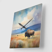 Horloge Carrée Bison dans le pré (Angle)