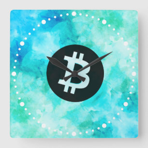 Horloge Carrée Bitcoin Aquarelle (Style 3 - Vie de plage)