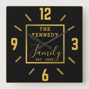 Horloge Carrée Black and Gold Family Nom personnel