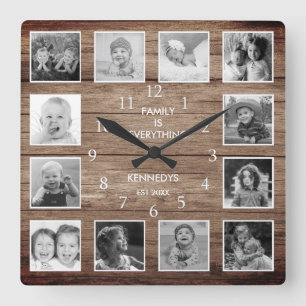 Horloge Carrée Black And White 12 Photo Collage Family Quote Wood