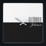 Horloge Carrée Black and White Modern Name Monogram<br><div class="desc">Minimal,  typography,  modern black and white wall clock,  with sophisticated name at the corner.</div>