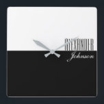 Horloge Carrée Black and White Modern Name Monogram<br><div class="desc">Minimal,  typography,  modern black and white wall clock,  with sophisticated name at the corner.</div>