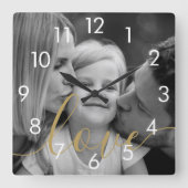 Horloge Carrée Black and White Photo Gold Script Love (Recto)