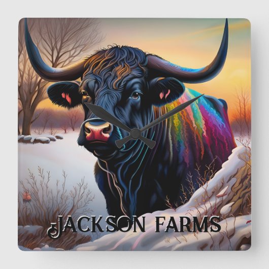 Horloge Carrée Black Angus Bull Winter (Recto)