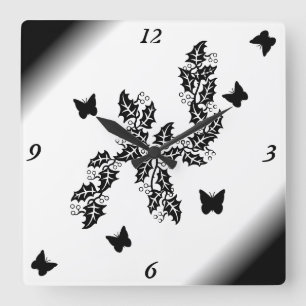 Horloge Carrée Black Butterfly on black and white