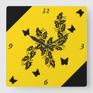 Horloge Carrée black Butterfly on  Yellow